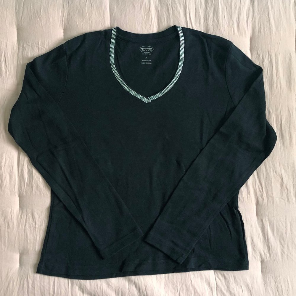 Talbots Long Sleeve Black VNeck Top- Rhinestones